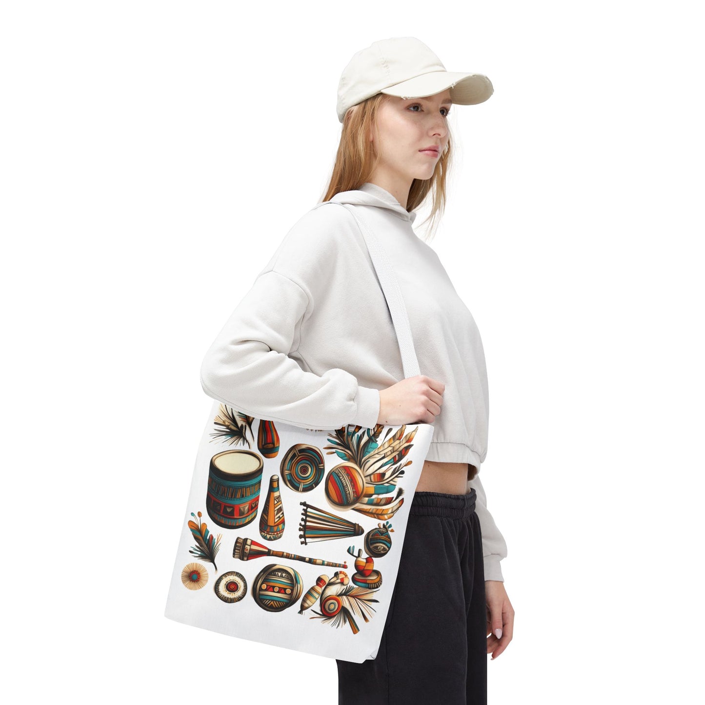 Boho Tribal Music Tote Bag, Ethnic Percussion Instrument Art, Festival Vibes, Shopping Bag, Bohemian Tote, Weekender Bag, Beach Bag, Large Canvas Bag