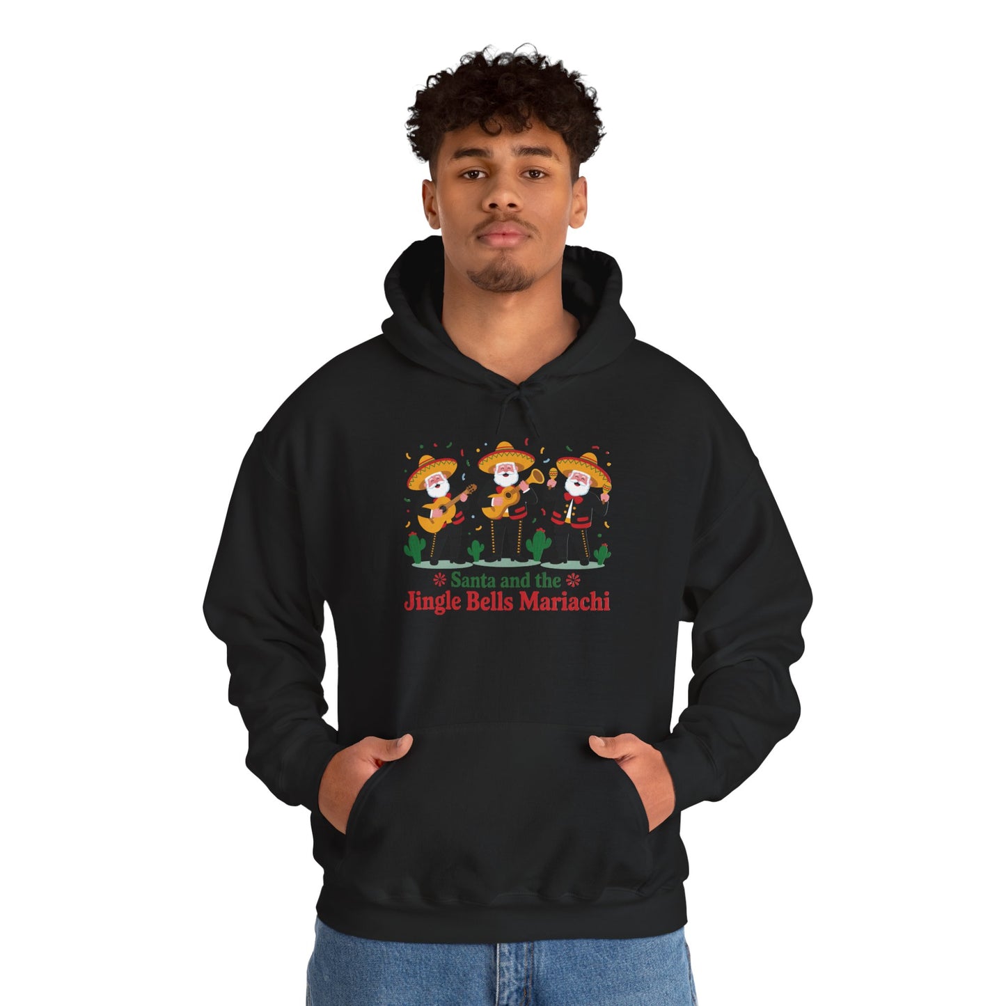 Santa and the Jingle Bells Mariachi Hoodie, Funny Mexican Santa Christmas Hoodie, Latin Fiesta Holiday Sweatshirt