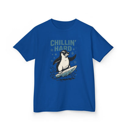 Kids Heavy Cotton™ Tee, Kids Chillin Hard Penguin T-Shirt, Funny Cool Animal Graphic Tee for Children