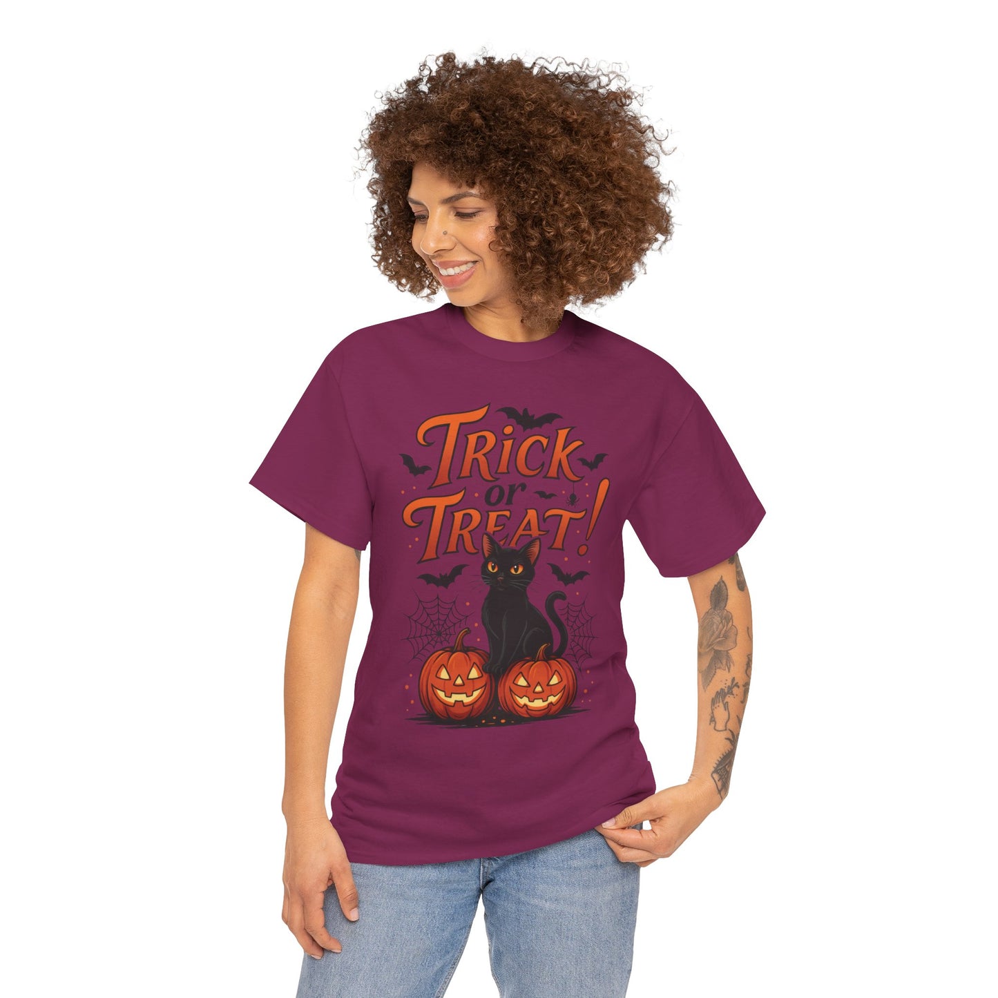 Trick or Treat Black Cat Halloween T-Shirt for Women, Spooky Cute Pumpkin Cat Tee, Fall Halloween Outfit Gift, Vintage Witchy Top