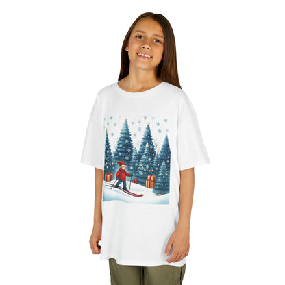 Kids Christmas Skiing T-Shirt, Cute Winter Holiday Graphic Tee, Kids Heavy Cotton™ Tee