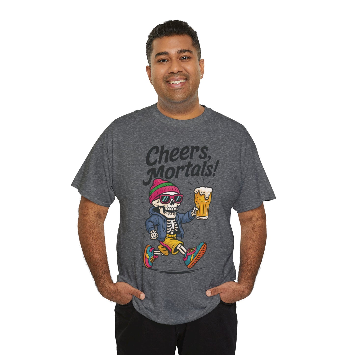 Cheers, Mortals! Mens Tee, Funny Skeleton Beer Graphic Tee, Cool Drinking Humor Shirt, Party Gift for Him, Halloween Tee,  Beer Lovers Gift