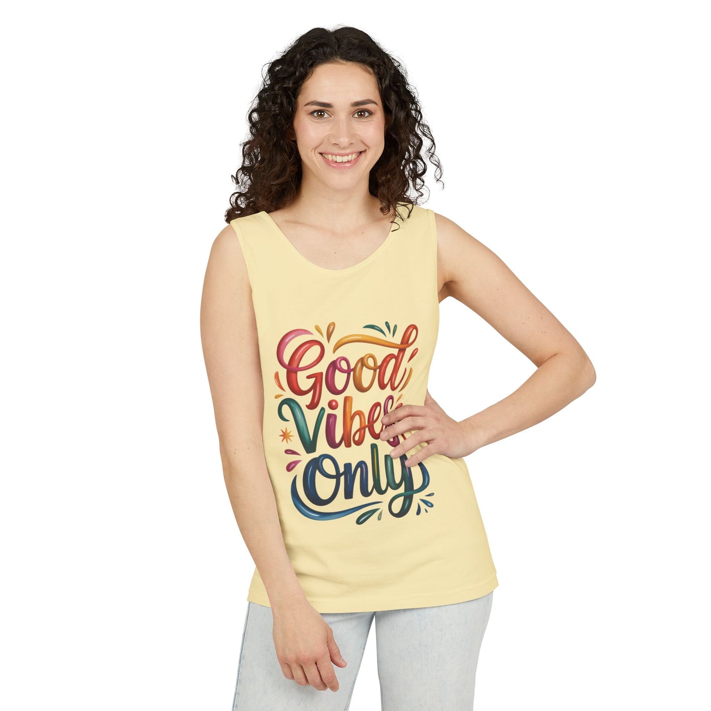 Good Vibes Only Unisex Garment-Dyed Tank Top, Summer Casual Wear, Festival Outfit, Beach Day Tee, Gift for Friends, Positive Vibes Apparel