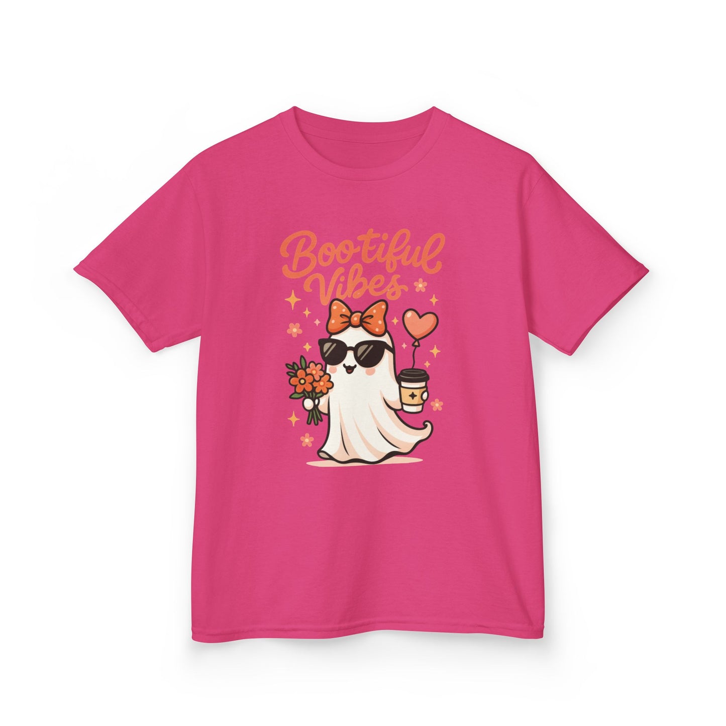 Girls Halloween Ghost T-Shirt, Cute Bootiful Vibes Tee for Kids, Fun Spooky Season Shirt, Tween Girl Outfit Gift, Kids Heavy Cotton™ Tee