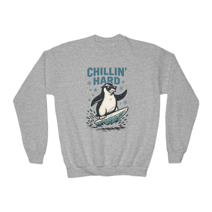 Youth Crewneck Sweatshirt, Kids Chillin Hard Penguin Sweatshirt, Funny Cool Animal Pullover for Children