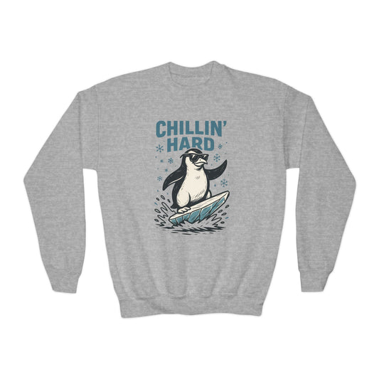 Youth Crewneck Sweatshirt, Kids Chillin Hard Penguin Sweatshirt, Funny Cool Animal Pullover for Children