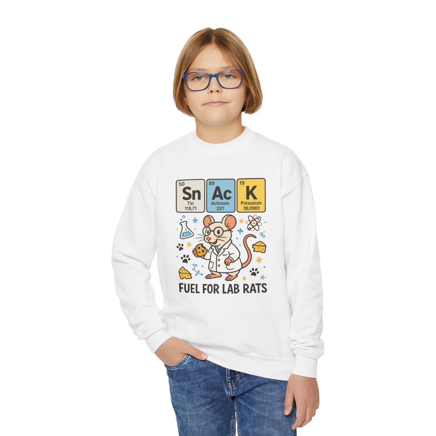 Youth Crewneck Sweatshirt - Fuel for Lab Rats, Cute Science Gift, Adorable Sweatshirt for Kids, Science Enthusiasts, Lab Rat Love