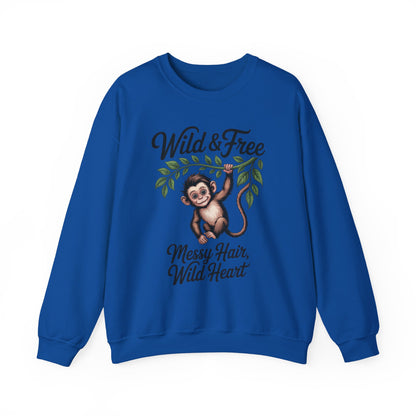 Wild & Free Monkey Sweatshirt, Messy Hair Wild Heart Womens Pullover, Cute Jungle Animal Sweater, Boho Adventure Graphic, Nature Lover Gift