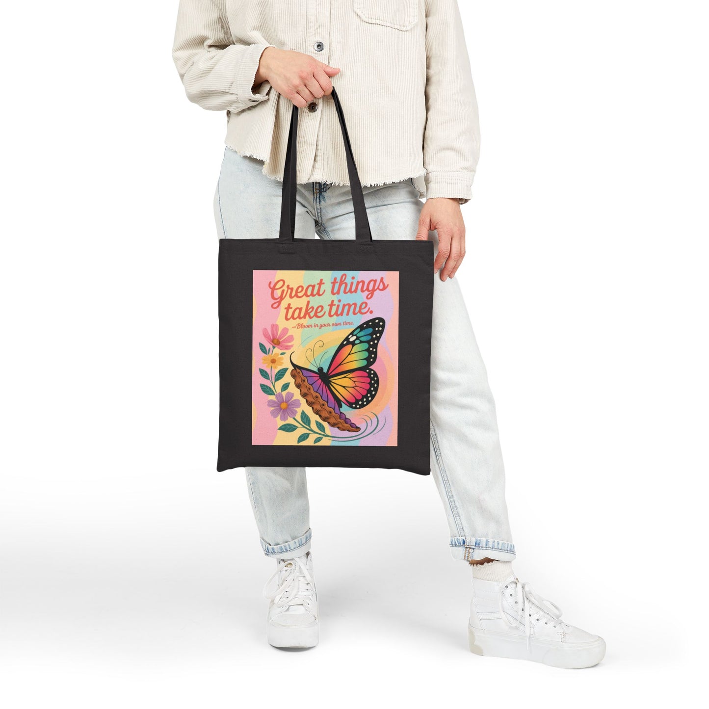 Great Things Take Time Tote Bag, Butterfly & Flower Cotton Canvas Bag, Motivational Quote Tote, Inspirational Gift for Women,  Boho Style Bag