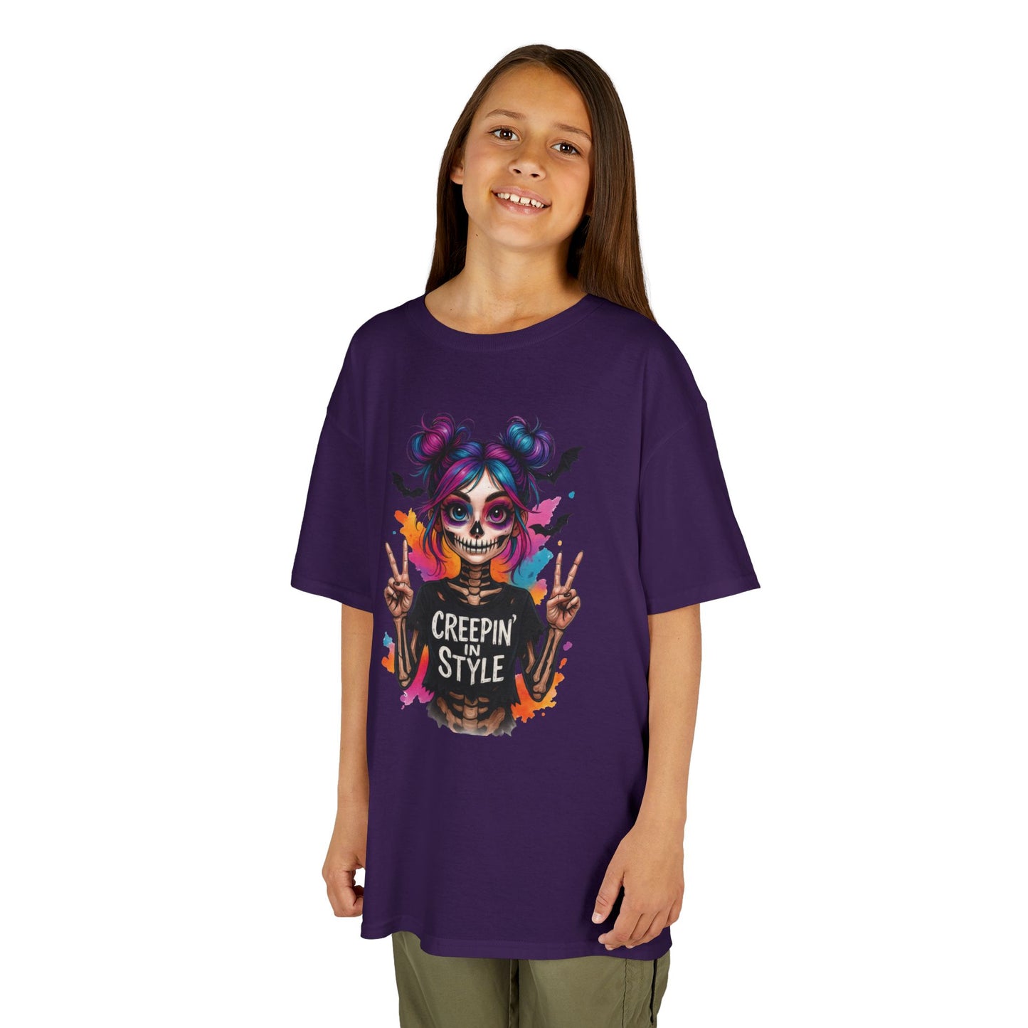 Creepin' in Style Kids Halloween T-Shirt, Colorful Skeleton Girl Design, Cute Spooky Shirt for Trendy Girls