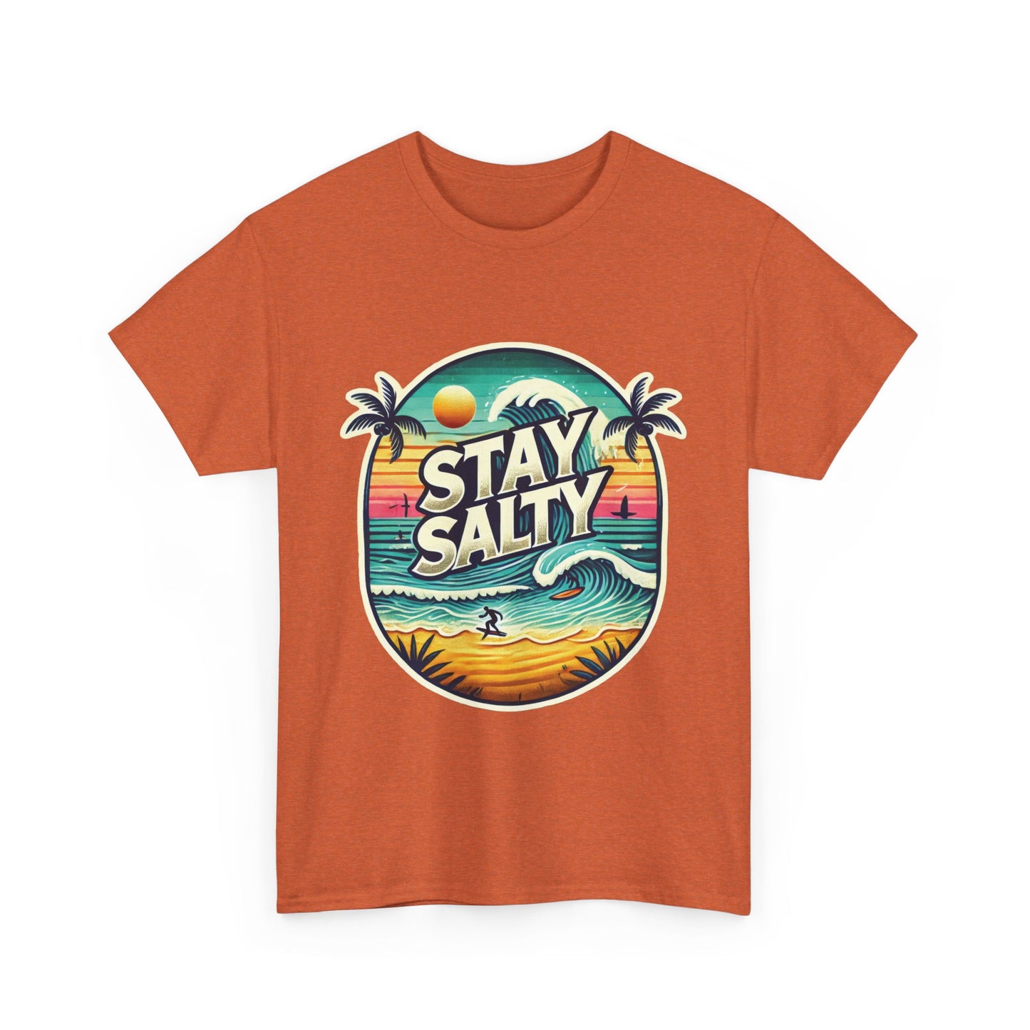 Stay Salty Retro Surf Unisex Heavy Cotton Tee, Vintage Beach Sunset Graphic T-Shirt, Summer Ocean Wave Surfer Shirt, Ocean Lover Gift