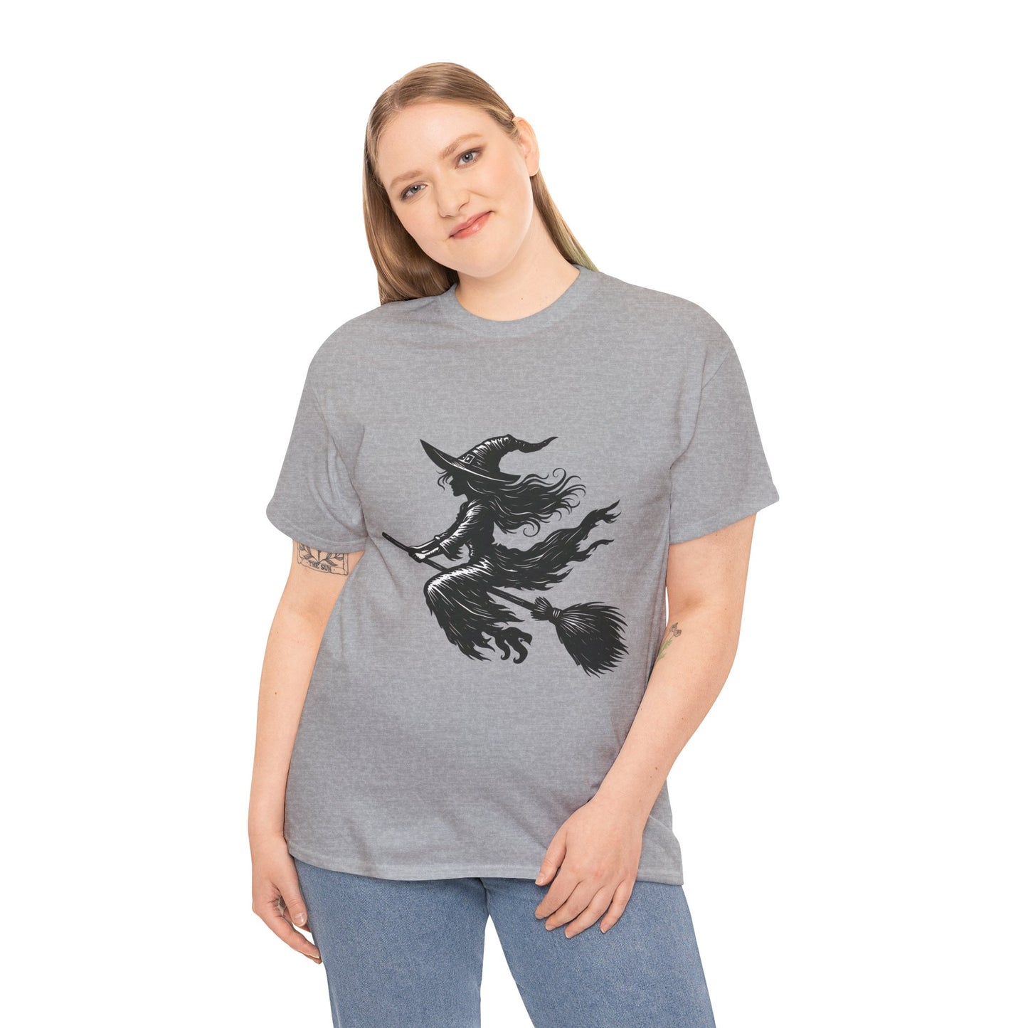 Flying Witch Silhouette Halloween T-Shirt for Women, Vintage Witch on Broom Tee, Spooky Gothic Fall Shirt, Minimal Black Witch Top
