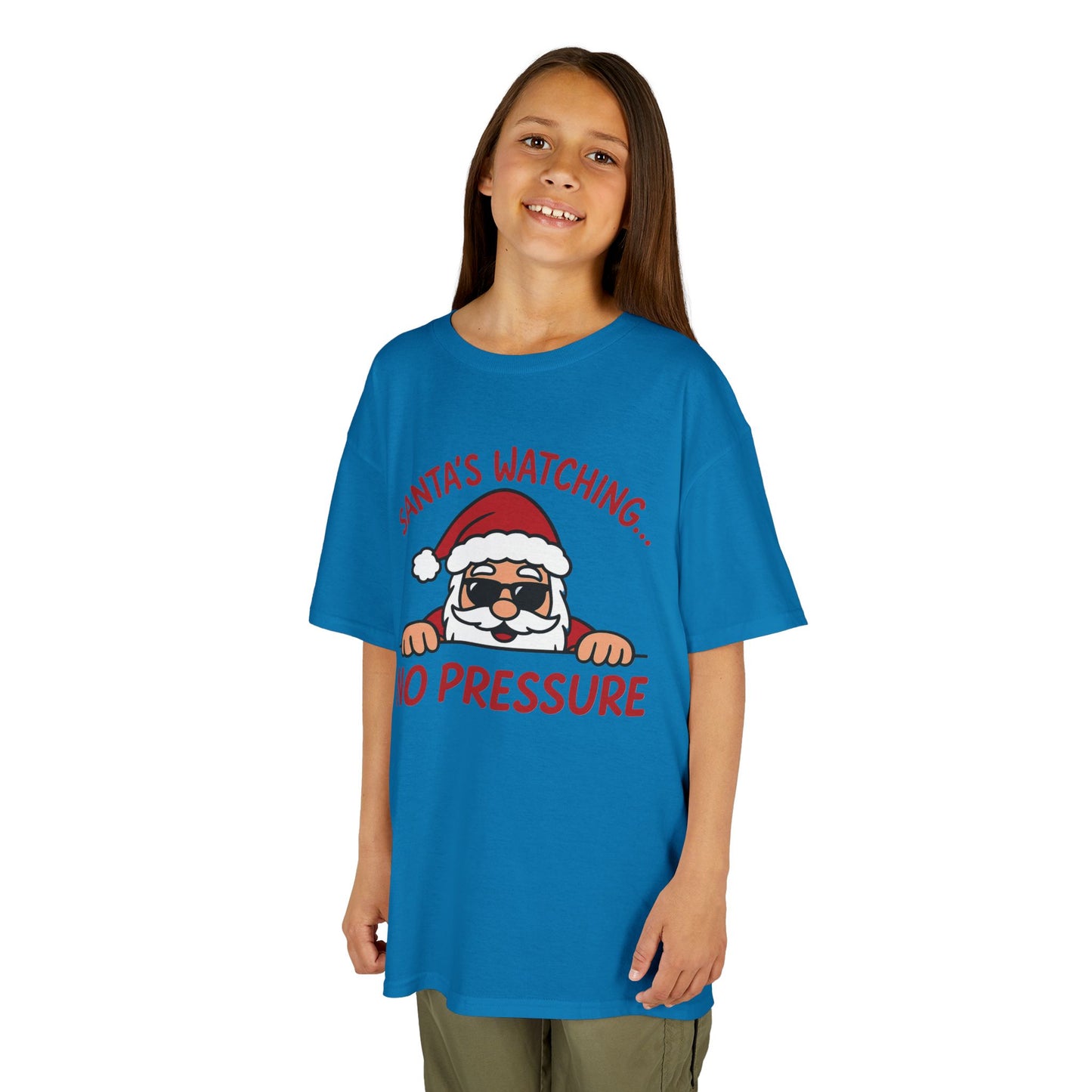 Santa's Watching No Pressure Kids Christmas T-Shirt, Funny Holiday Tee for Youth