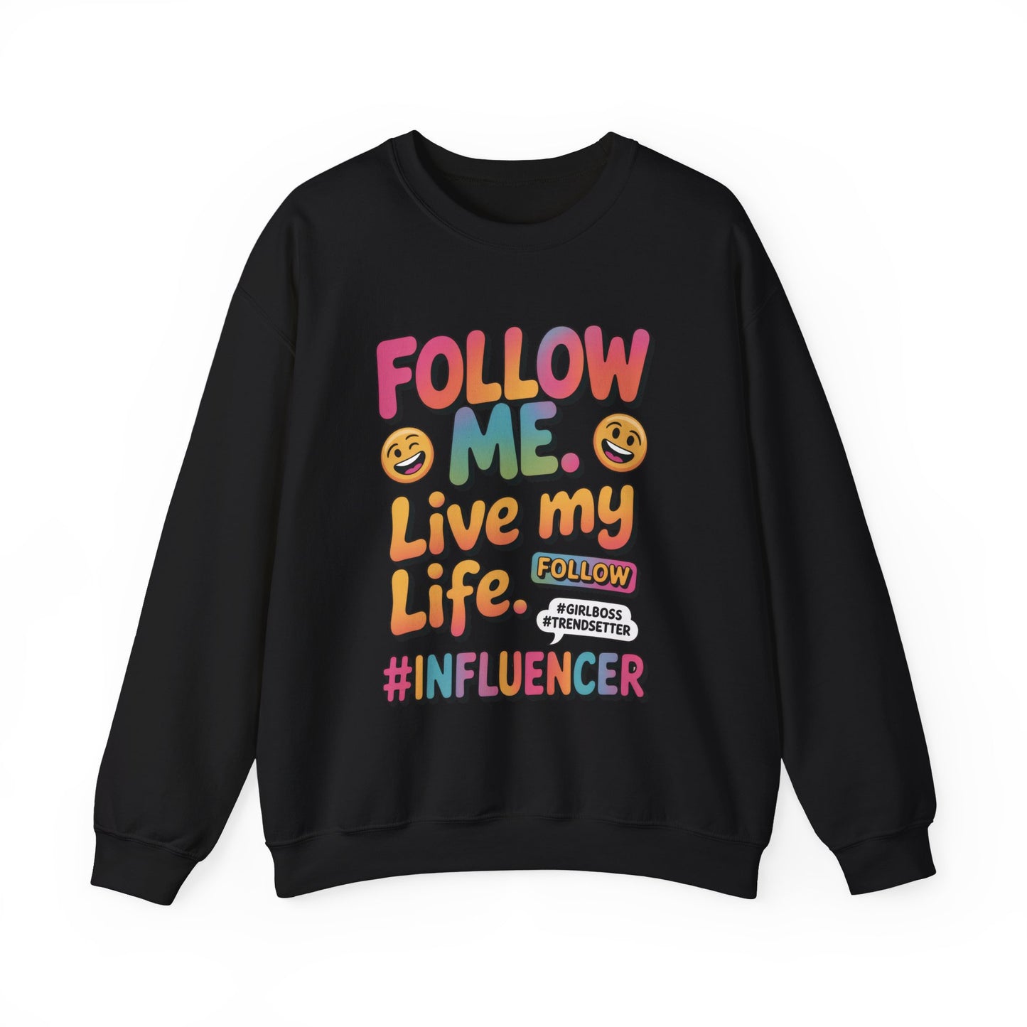 Womens Heavy Blend™ Crewneck Sweatshirt, Influencer Sweatshirt, Colorful Follow Me Live My Life Graphic Sweatshirt, Trendy GirlBoss Outfit