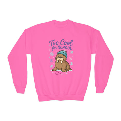 Youth Crewneck Sweatshirt, Kids Too Cool for School Walrus Sweatshirt, Funny Animal Pullover, Cute Winter Top