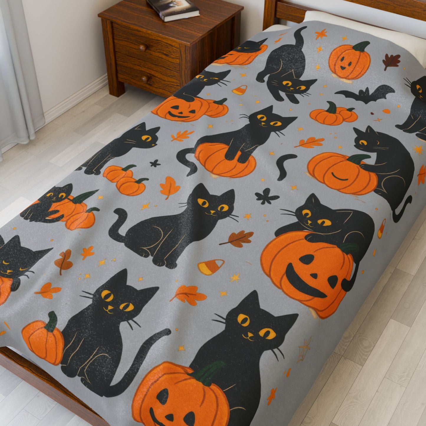 Cute Black Cats and Pumpkins Halloween Blanket, Cozy Fall Velveteen Plush Throw, Kawaii Spooky Cat Lover Gift, Autumn Home Decor, Blanket