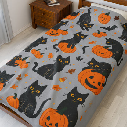 Cute Black Cats and Pumpkins Halloween Blanket, Cozy Fall Velveteen Plush Throw, Kawaii Spooky Cat Lover Gift, Autumn Home Decor, Blanket