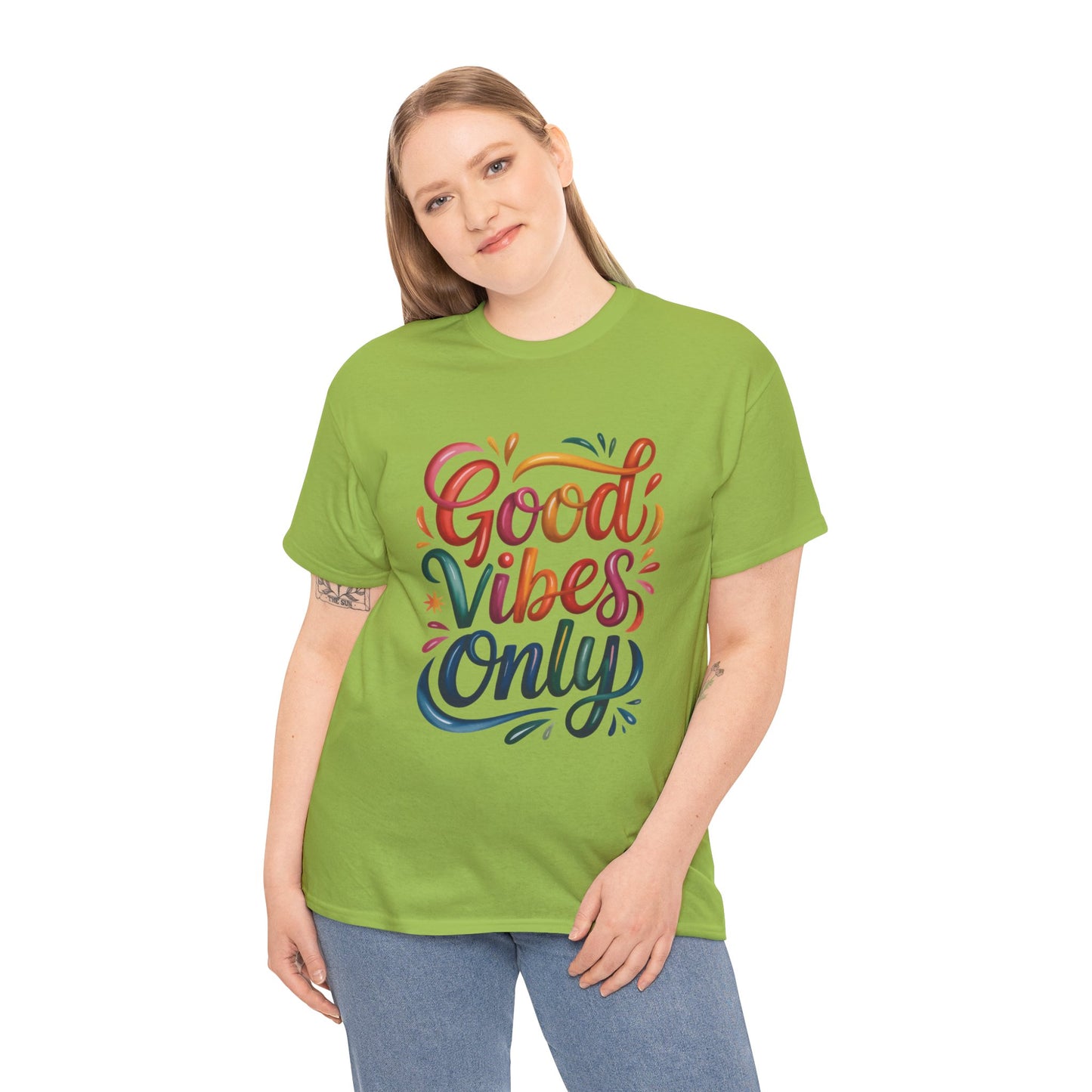 Good Vibes Only Womens Heavy Cotton Tee, Casual Wear, Gift for Friends, Relaxed Fit, Summer Style, Positive Affirmation Shirt