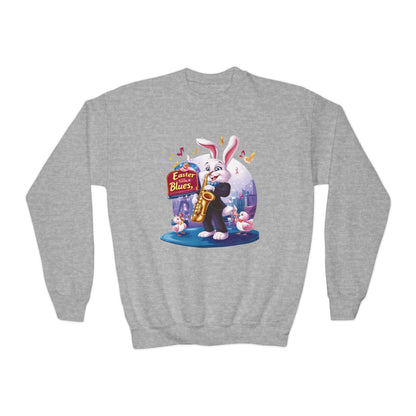 Jazz Bunny Easter Kids Sweatshirt - Cute Saxophone Playing Bunny Design, Fun Spring Crewneck, Holiday Gift for Boys and Girls