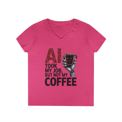 Ladies' V-Neck T-Shirt, Women's AI Coffee T-Shirt, Funny Robot Job Humor Tee, Geek Sarcastic Gift for Her, Sarcastic Work Shirt
