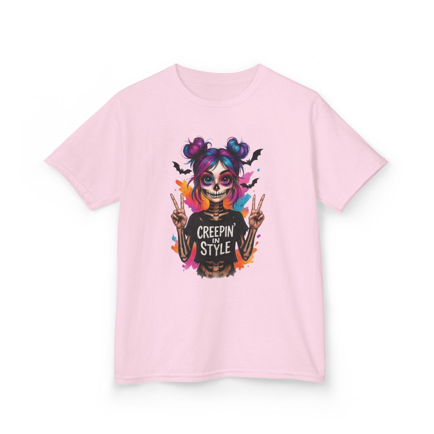 Creepin' in Style Kids Halloween T-Shirt, Colorful Skeleton Girl Design, Cute Spooky Shirt for Trendy Girls