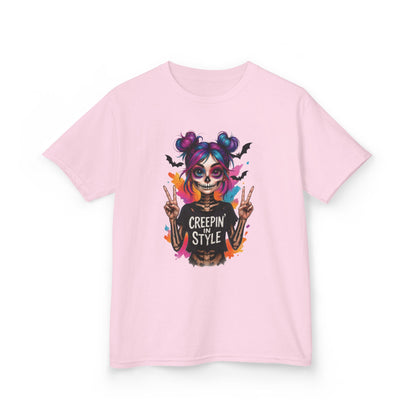 Creepin' in Style Kids Halloween T-Shirt, Colorful Skeleton Girl Design, Cute Spooky Shirt for Trendy Girls