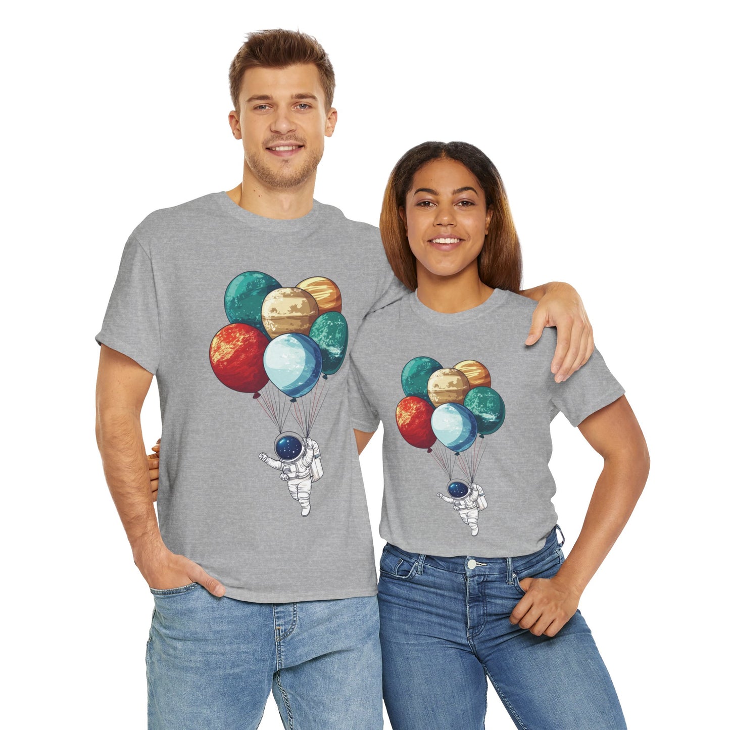 Astronaut with Planet Balloons T-Shirt, Space Lover Unisex Tee, Outer Space Graphic Shirt, Space Theme Shirt, Cosmic Adventure Top