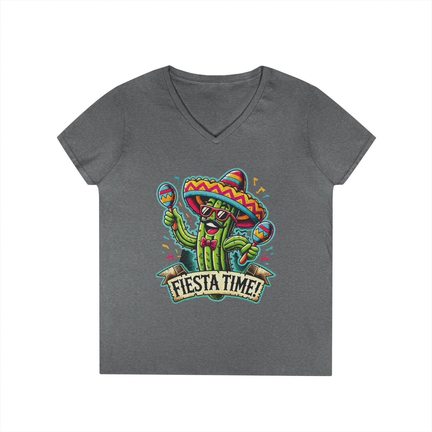 Fiesta Time Cactus Ladies' V-Neck T-Shirt, Funny Sombrero Mexican Party Tee, Cinco de Mayo Gift Idea, Fun Summer Tee, Party Wear