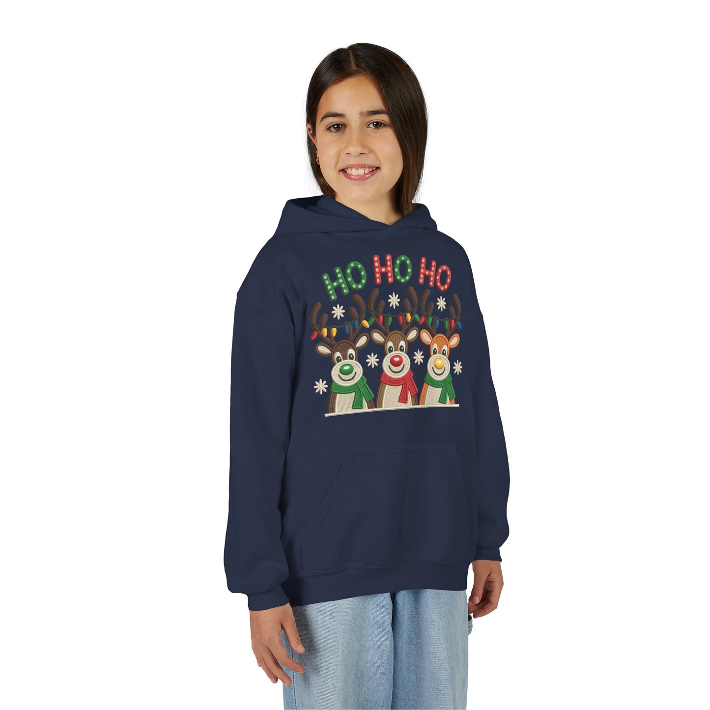Ho Ho Ho Reindeer Hoodie for Girls, Cute Christmas Holiday Kids Pullover, Youth Hooded Sweatshirt