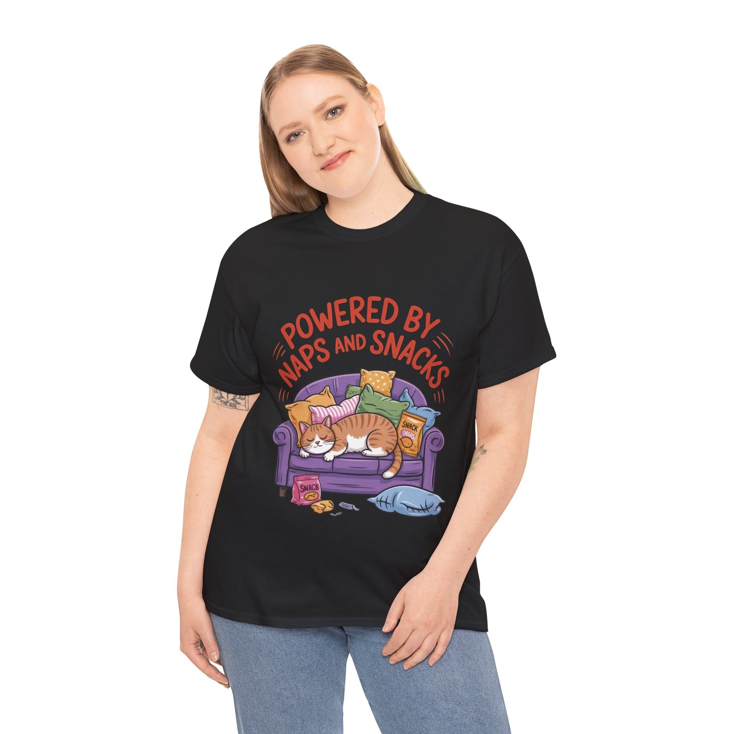 Powered by Naps and Snacks Cat T-Shirt, Funny Lazy Cat Lover Womens Tee, Cute Humor Shirt, Cozy Gift for Her, Cozy Cat Lover T-Shirt