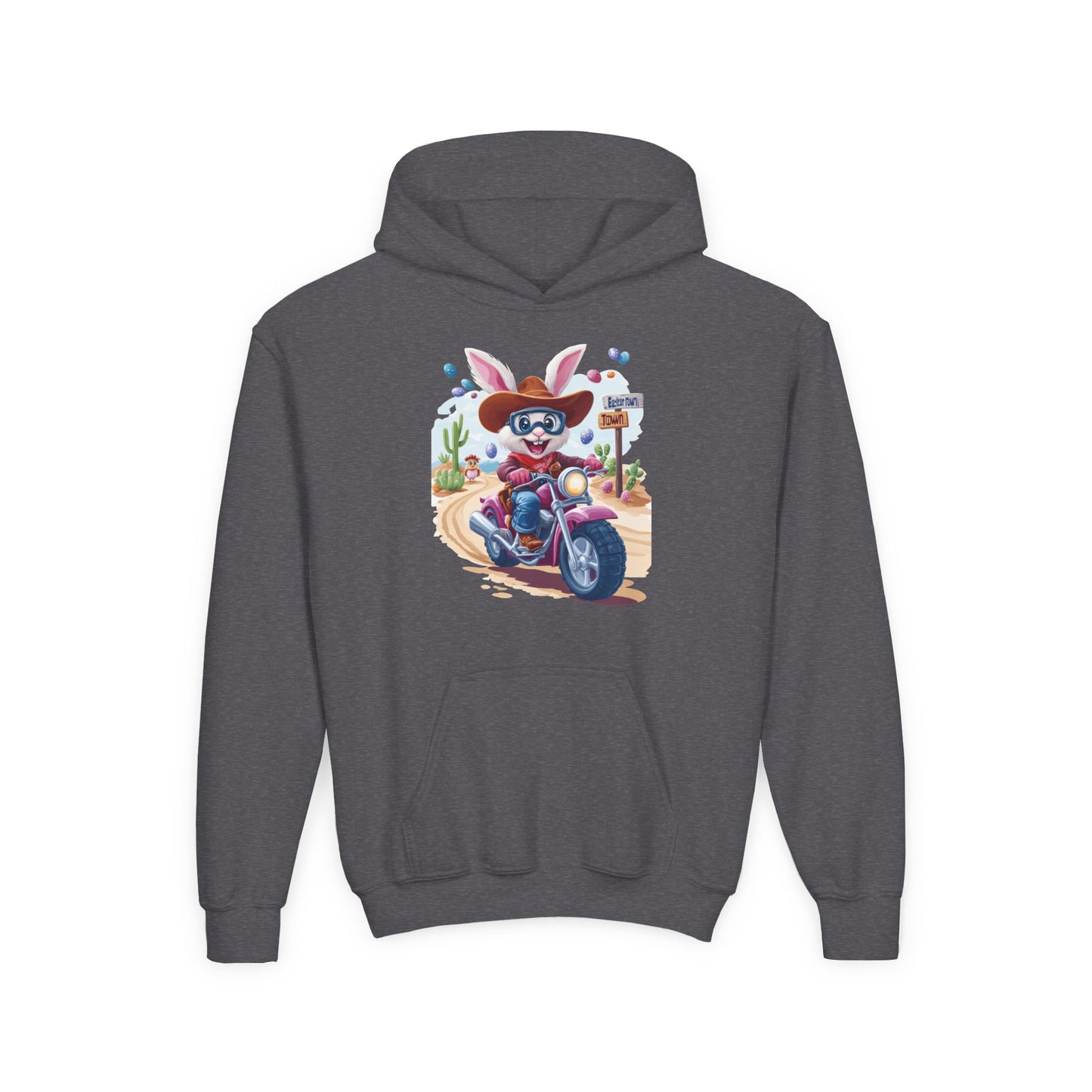 Easter Biker Bunny Youth Hoodie - Fun Spring Sweatshirt for Kids with Cute Motorcycle Bunny, Perfect for Easter & Holiday Gifting