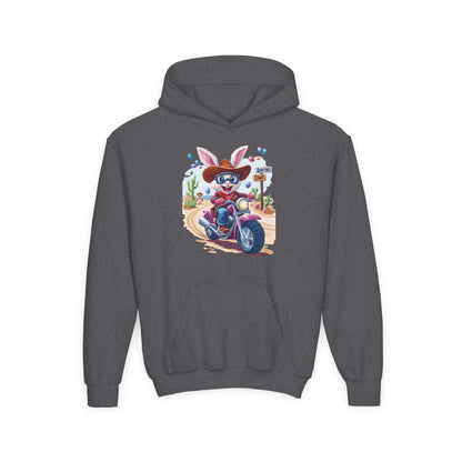 Easter Biker Bunny Youth Hoodie - Fun Spring Sweatshirt for Kids with Cute Motorcycle Bunny, Perfect for Easter & Holiday Gifting