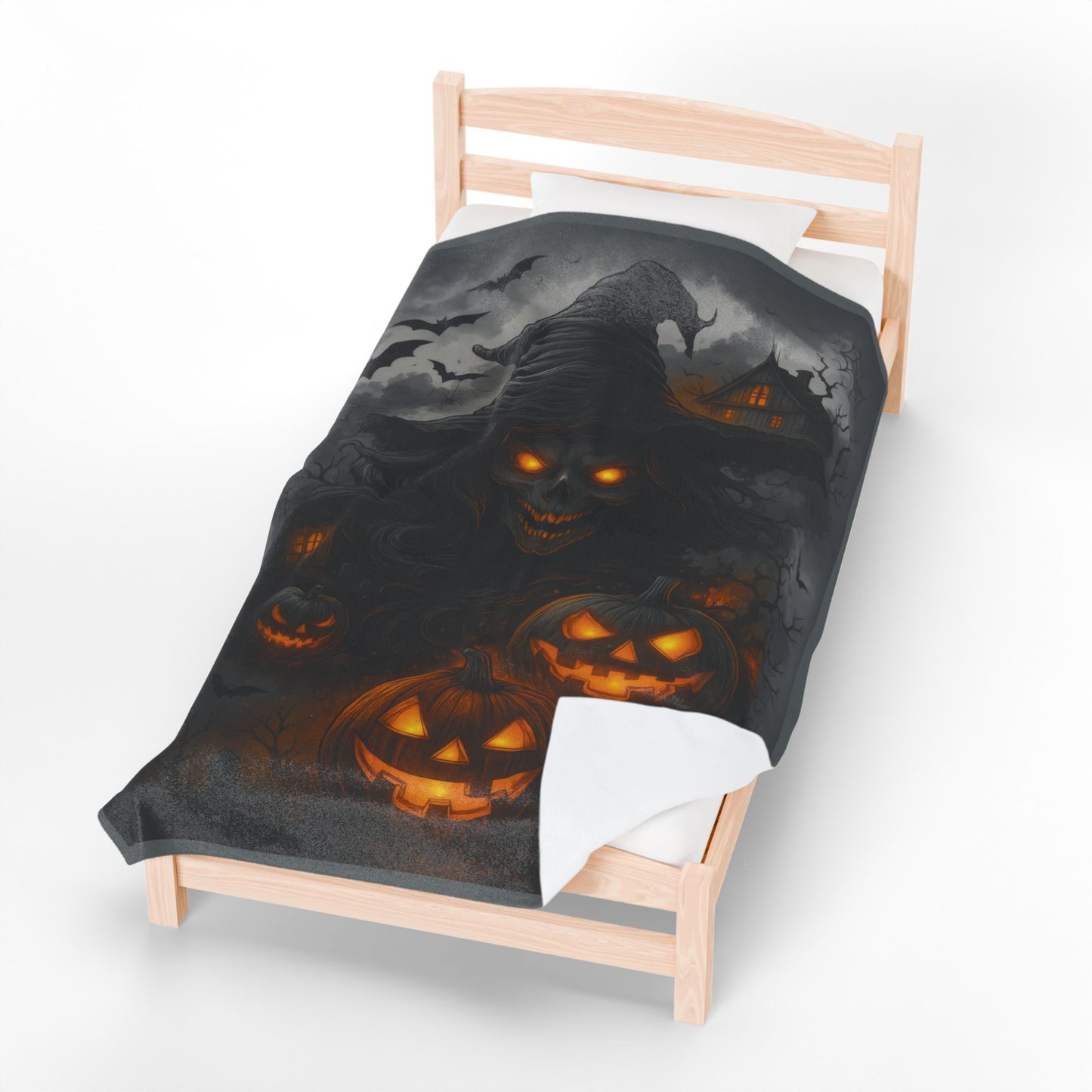 Witch and Pumpkins Halloween Velveteen Plush Blanket, Spooky Cozy Throw, Gothic Haunted House Decor, Horror Witch Gift