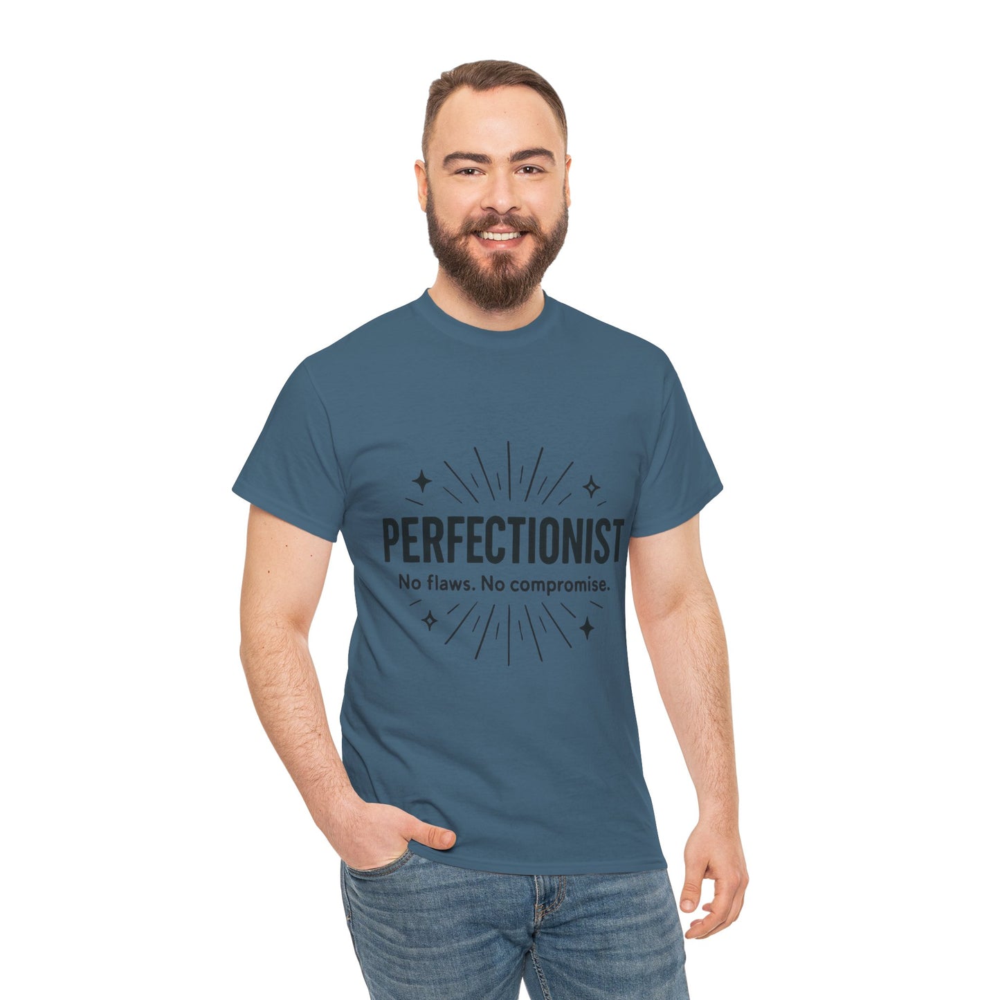 Mens Perfectionist T-Shirt, No Flaws No Compromise, Minimal Bold Graphic Tee, Gift for OCD, Clean Freak, or Detail-Oriented Men