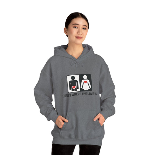 Cute Guess Where The Love Is Mens Hoodie, Sweatshirt for Couples, Valentines Day Gift, Relationship Humor Hoodie, Bold Love Joke Hoodie