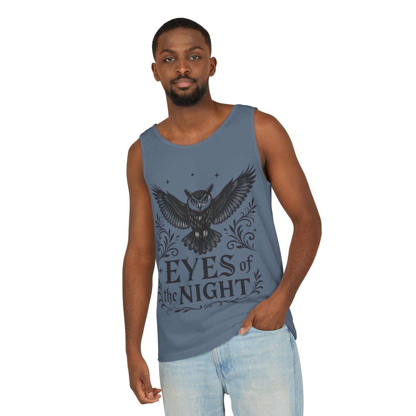 Eyes of the Night Owl Tank Top, Mens Summer Wear, Boho Aesthetic, Festival Outfit, Nature Lover Gift, Halloween Apparel