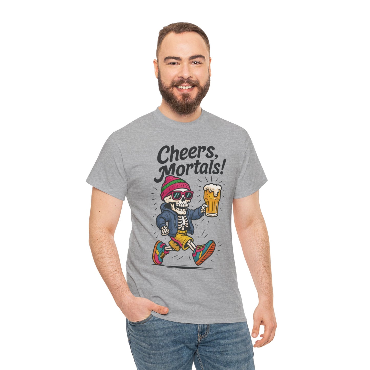 Cheers, Mortals! Mens Tee, Funny Skeleton Beer Graphic Tee, Cool Drinking Humor Shirt, Party Gift for Him, Halloween Tee,  Beer Lovers Gift