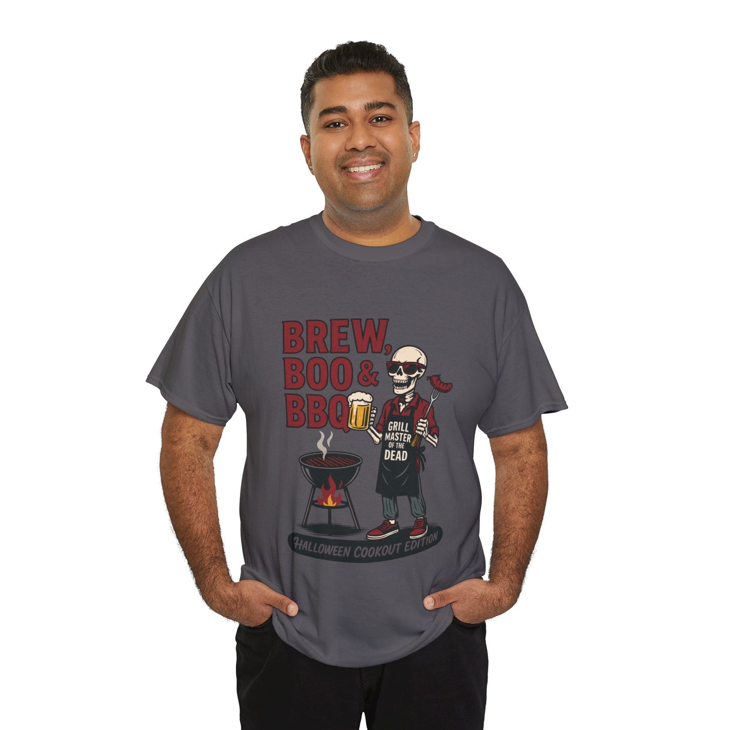Halloween BBQ Men's T-Shirt, Brew Boo & BBQ Skeleton Grill Master Tee, Funny Dad Gift, Grill Master Tee, Grill Dad Halloween