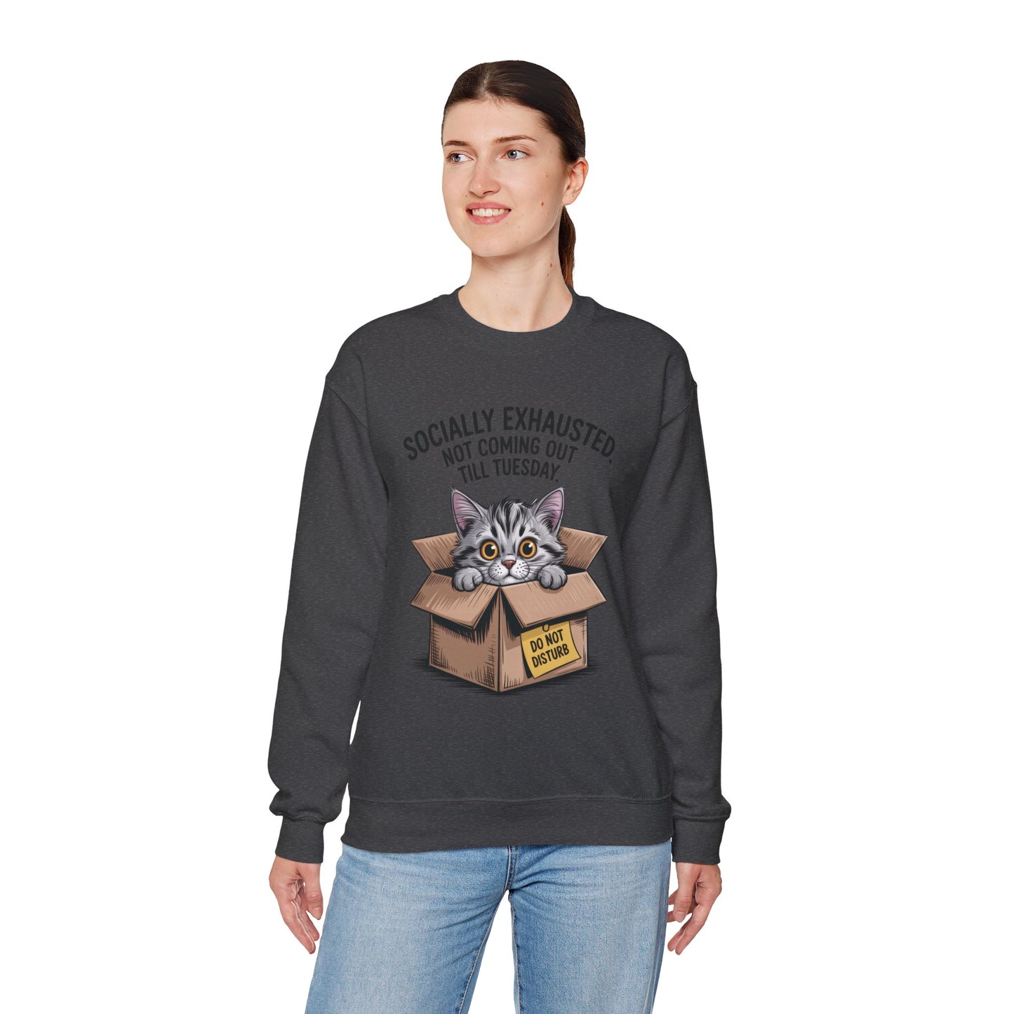 Socially Exhausted Cat Sweatshirt, Funny Cat Crewneck, Gift for Cat Lovers, Cozy Unisex Pullover, Weekend Comfort Apparel