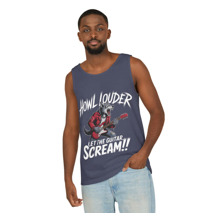 Howl Louder Wolf Tank Top, Mens Muscle Shirt, Rock Guitarist Graphic Sleeveless Tee, Wolf Workout Gym Tank, Music Lover Gift