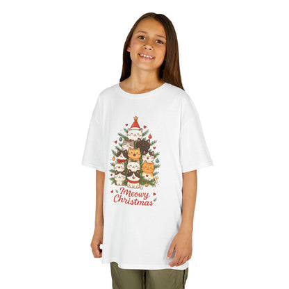 Youth Meowy Christmas Cat T-Shirt, Cute Kids Holiday Kitty Tee