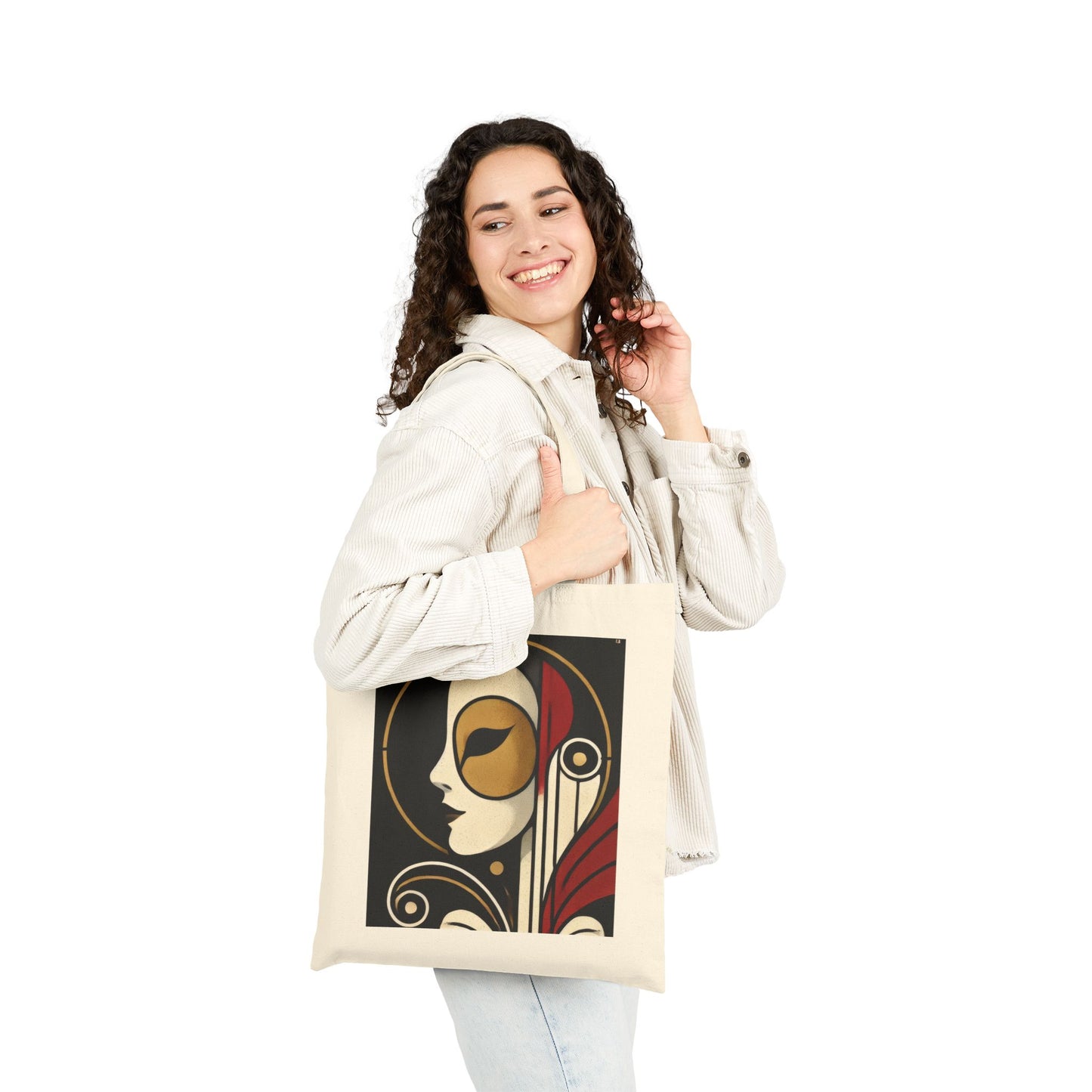 Art Deco Woman Tote Bag, Elegant Geometric Face Design, Modern Vintage Style Canvas Bag for Art Lovers, Artistic Cotton Canvas Tote Bag