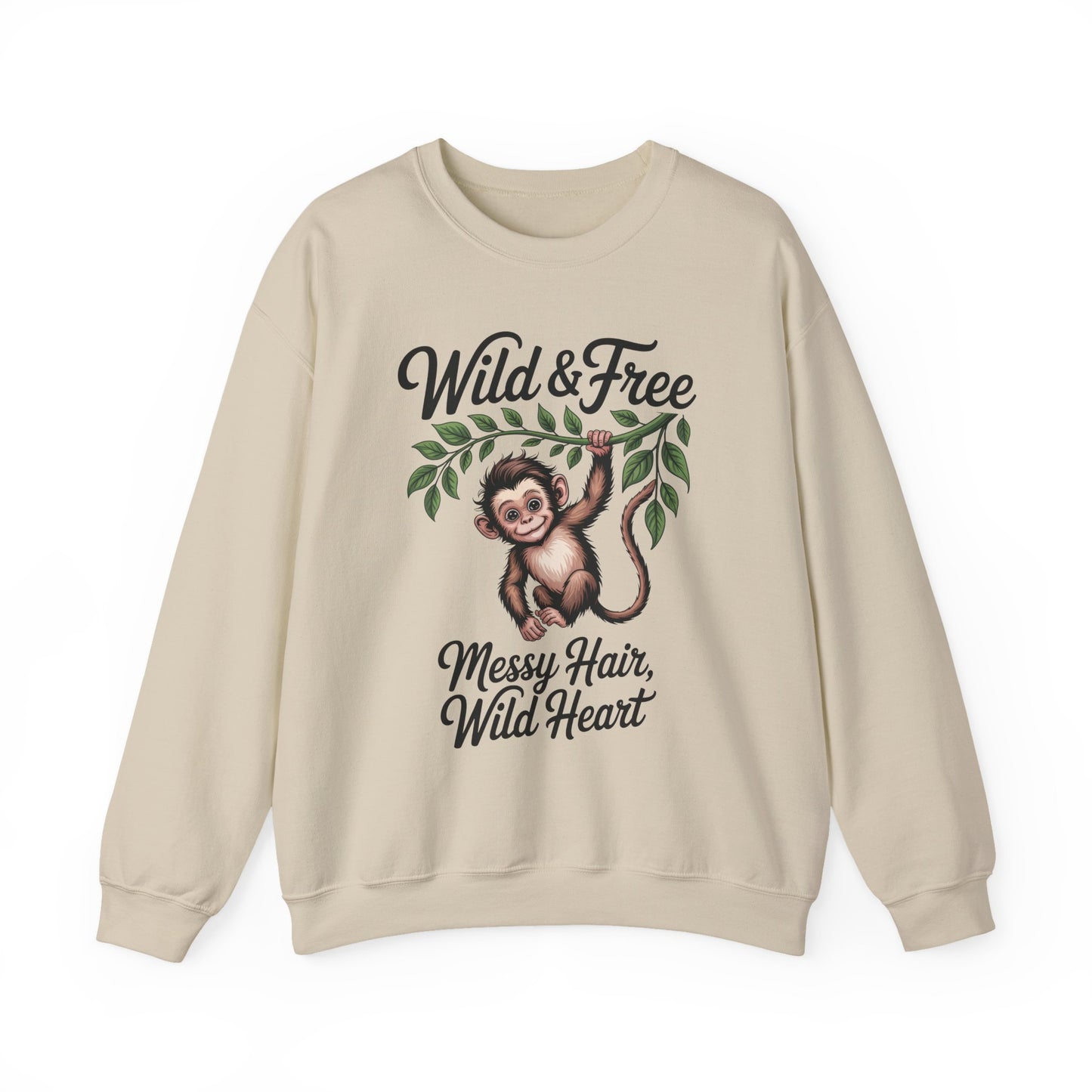 Wild & Free Monkey Sweatshirt, Messy Hair Wild Heart Womens Pullover, Cute Jungle Animal Sweater, Boho Adventure Graphic, Nature Lover Gift