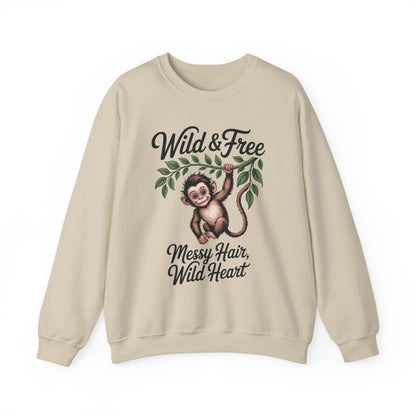 Wild & Free Monkey Sweatshirt, Messy Hair Wild Heart Womens Pullover, Cute Jungle Animal Sweater, Boho Adventure Graphic, Nature Lover Gift