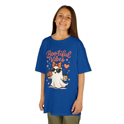 Girls Halloween Ghost T-Shirt, Cute Bootiful Vibes Tee for Kids, Fun Spooky Season Shirt, Tween Girl Outfit Gift, Kids Heavy Cotton™ Tee