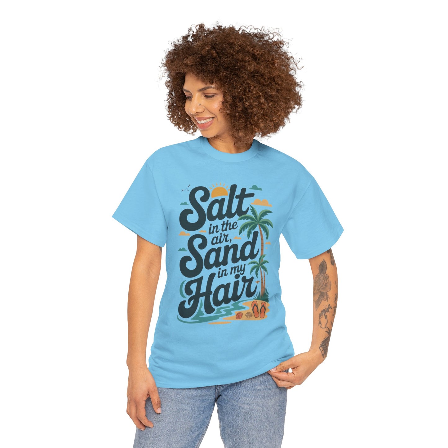 Salt in the Air Sand in My Hair Shirt, Beach Summer Vibes Graphic T-Shirt, Tropical Ocean Palm Design, Ocean-Themed Shirt, Gift Beach Lovers