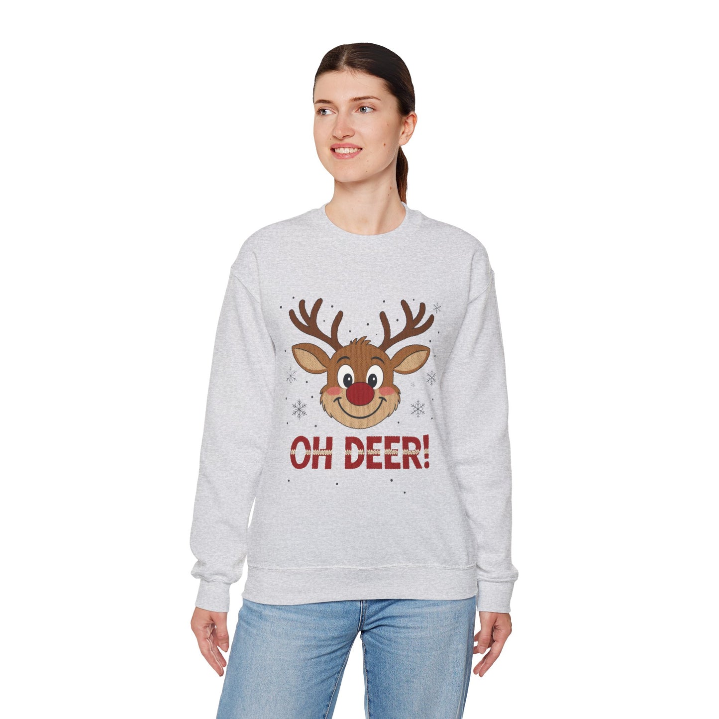 Womens Oh Deer Christmas Sweatshirt, Cute Reindeer Holiday Pullover, Women's Crewneck Sweatshirt