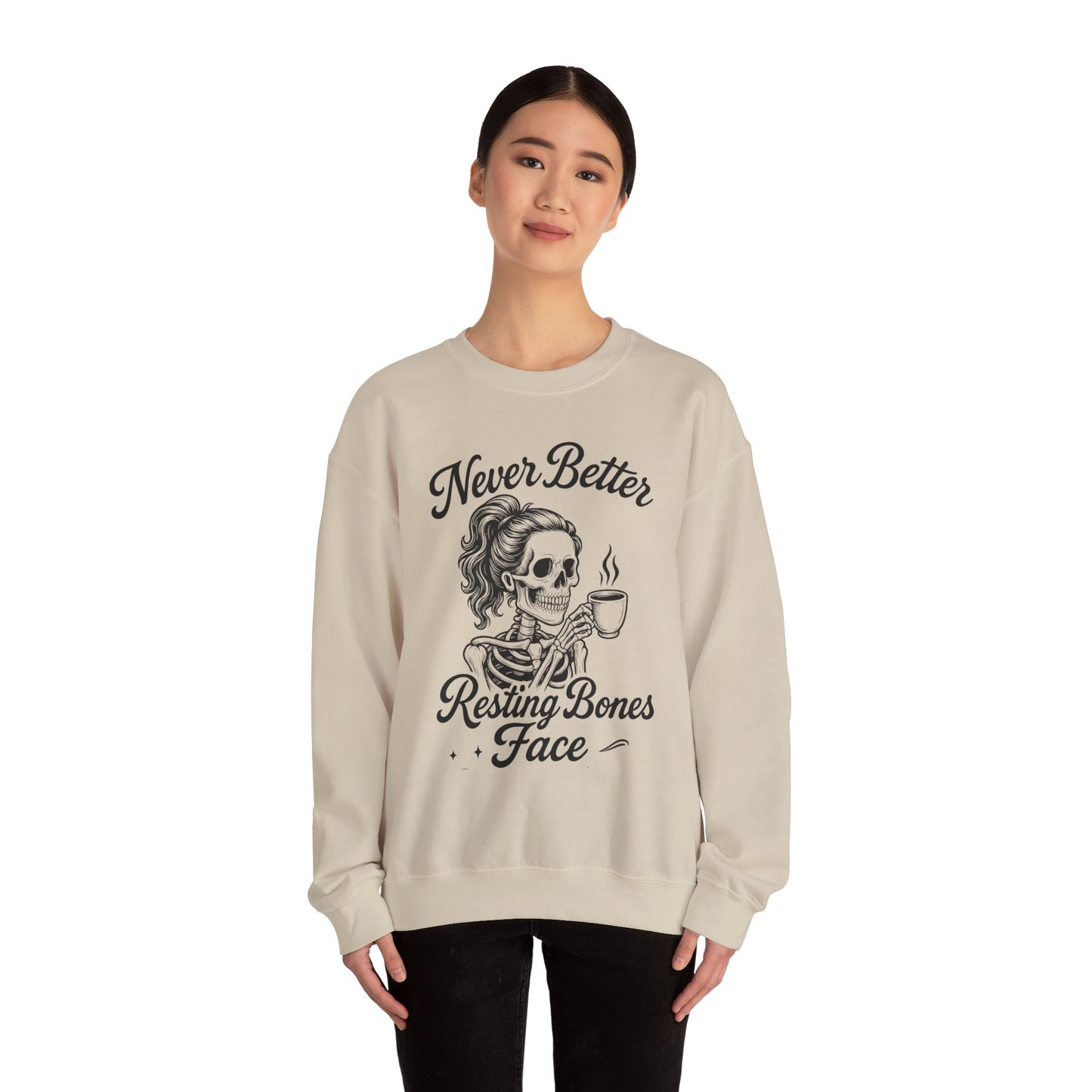 Skull Coffee Lovers Crewneck Sweatshirt, Womens, Perfect for Halloween, Cozy Outfit, Gift for Friends, Relaxing Days, Coffee Enthusiasts