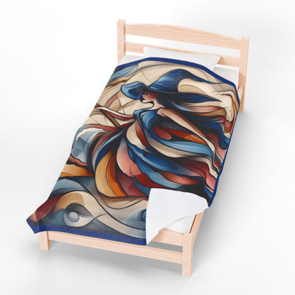 Abstract Witch Flying on Broom Velveteen Plush Blanket, Modern Art Deco Witch Blanket, Halloween Home Decor, Cozy Boho Gothic Throw Gift