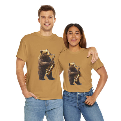 Saxophone Bear Unisex Heavy Cotton Tee, Music Lover Shirt, Gift for Musicians, Cute Animal Tee, Fun Jazz T-Shirt
